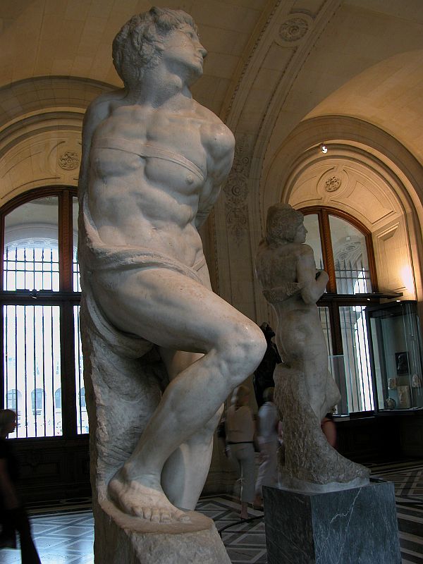 Paris Louvre Sculpture 1513-15 Michelangelo The Rebellious Slave with The Dying Slave behind 